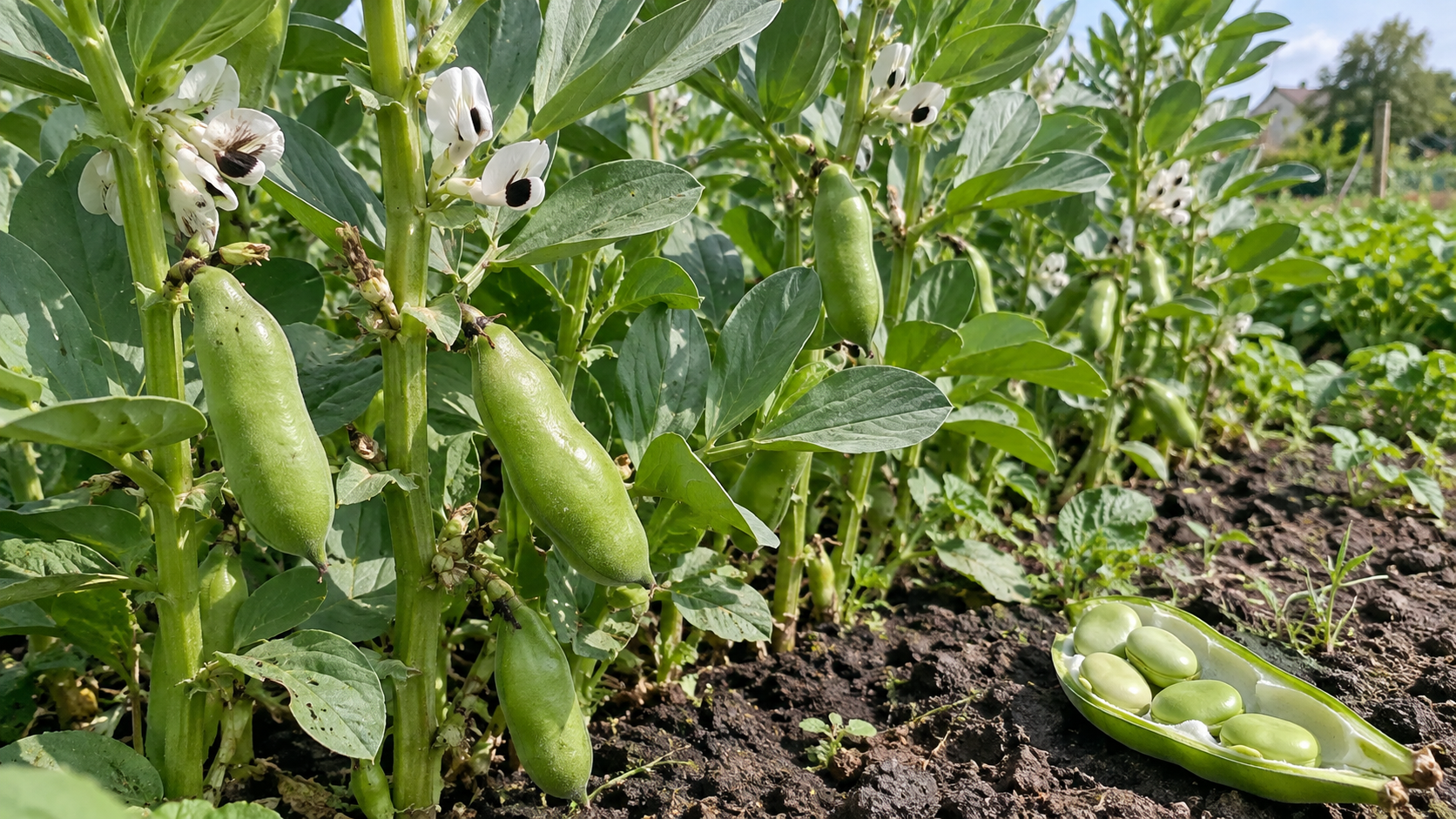 Овочеві боби Vicia faba із зеленими плодами та білими квітками