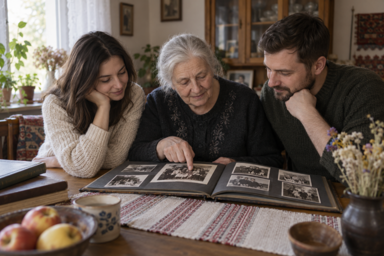 Родина переглядає старий фотоальбом удома