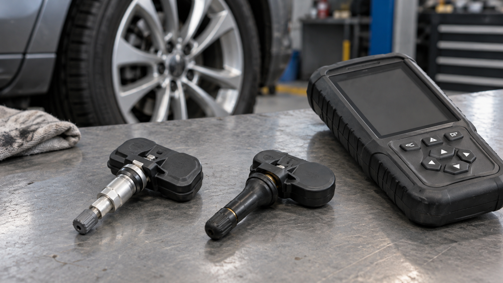 Датчики тиску TPMS із вентилями та діагностичний прилад на робочому столі